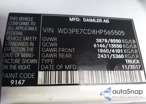 2017 Mercedes-Benz Sprinter 2500 Standard Roof V6 из США, поврежденный, VIN WD3PE7CD8HP565505